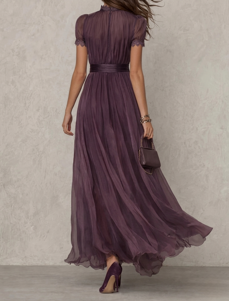 Luisa • Vestido largo morado con escote en V y ribete de encaje de gasa
