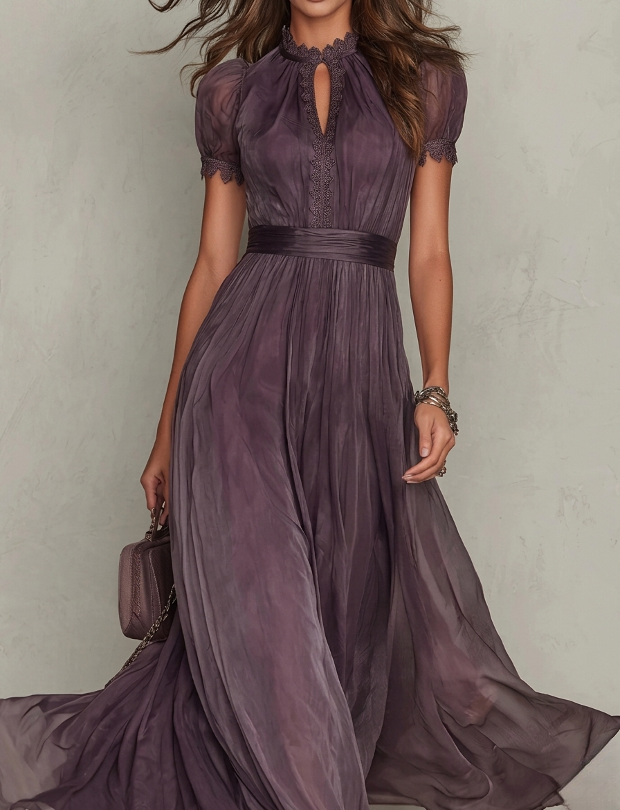 Luisa • Vestido largo morado con escote en V y ribete de encaje de gasa