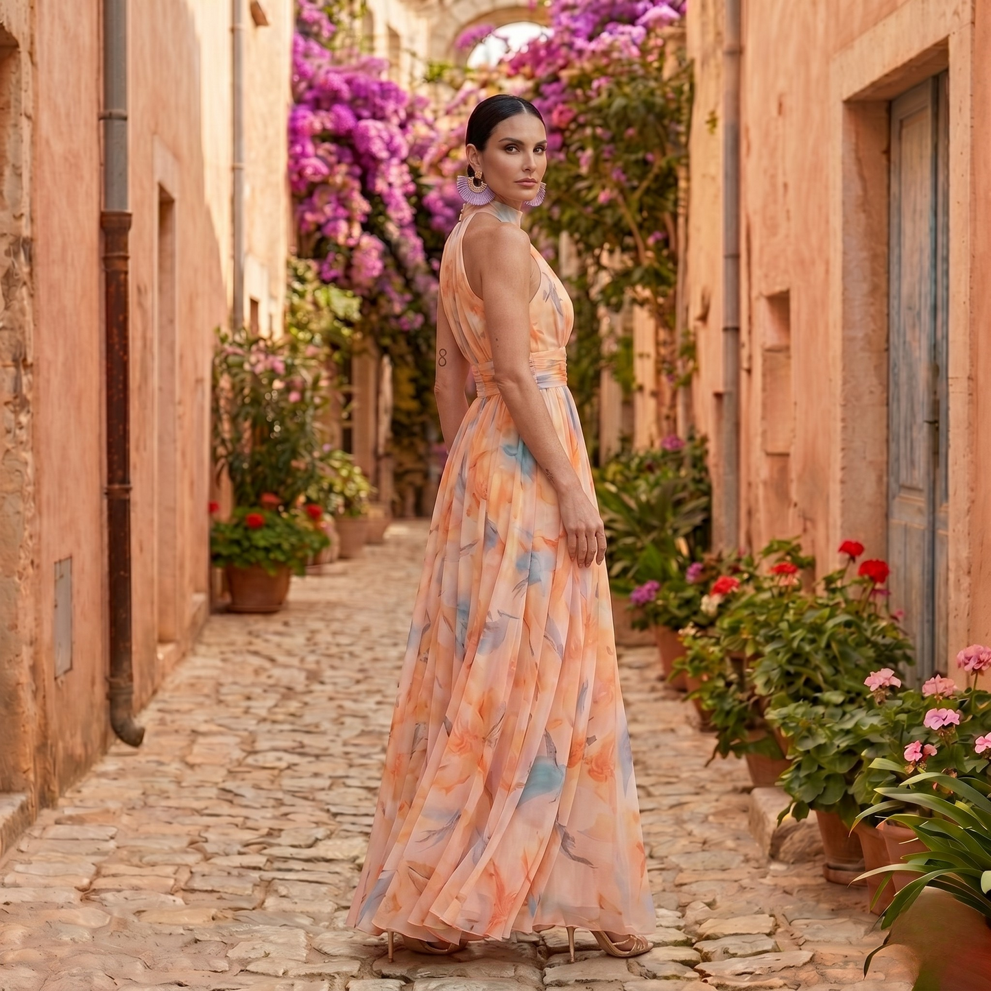 Esthe | Vestido de Cuello Halter con Estampado de Acuarela