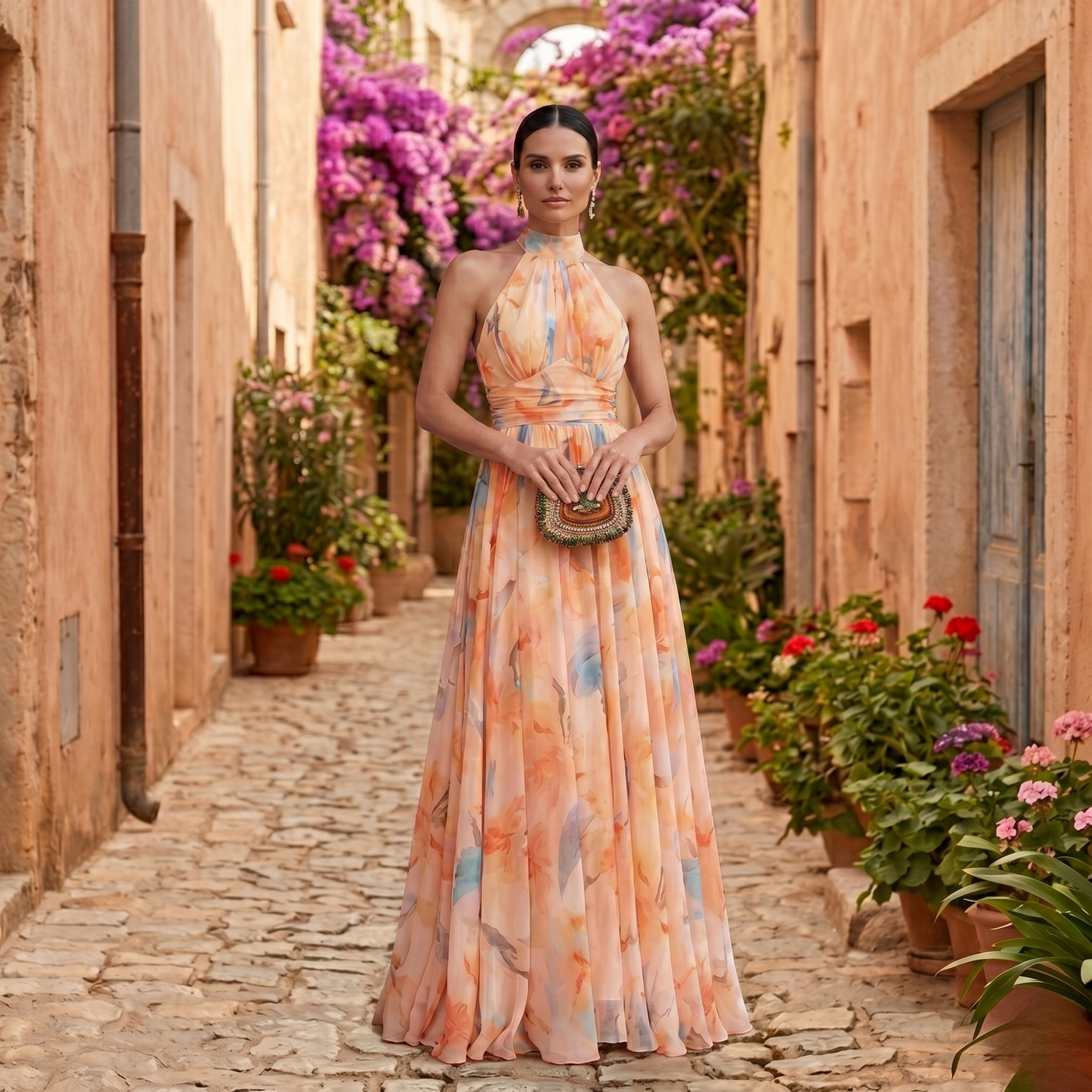 Esthe | Vestido de Cuello Halter con Estampado de Acuarela