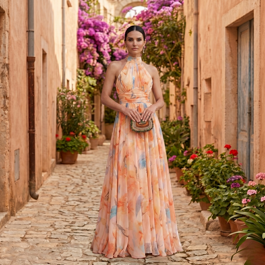 Esthe | Vestido de Cuello Halter con Estampado de Acuarela