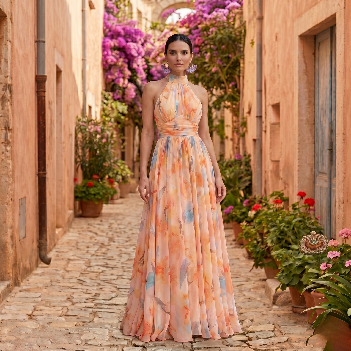 Esthe | Vestido de Cuello Halter con Estampado de Acuarela