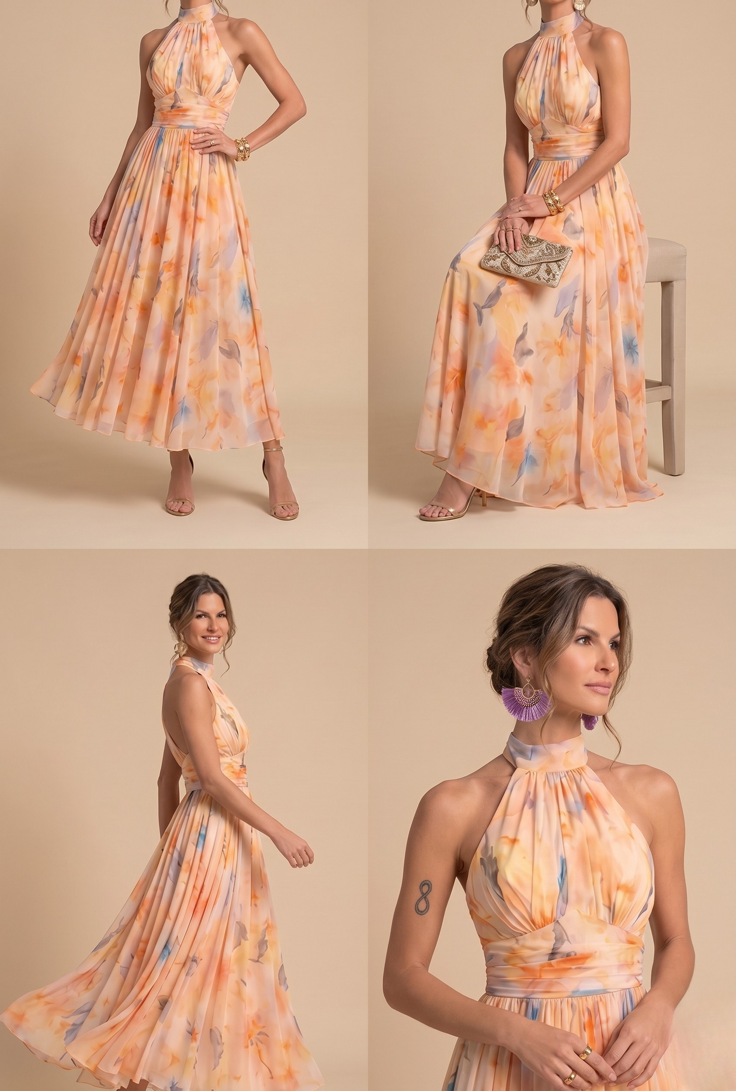 Esthe | Vestido de Cuello Halter con Estampado de Acuarela