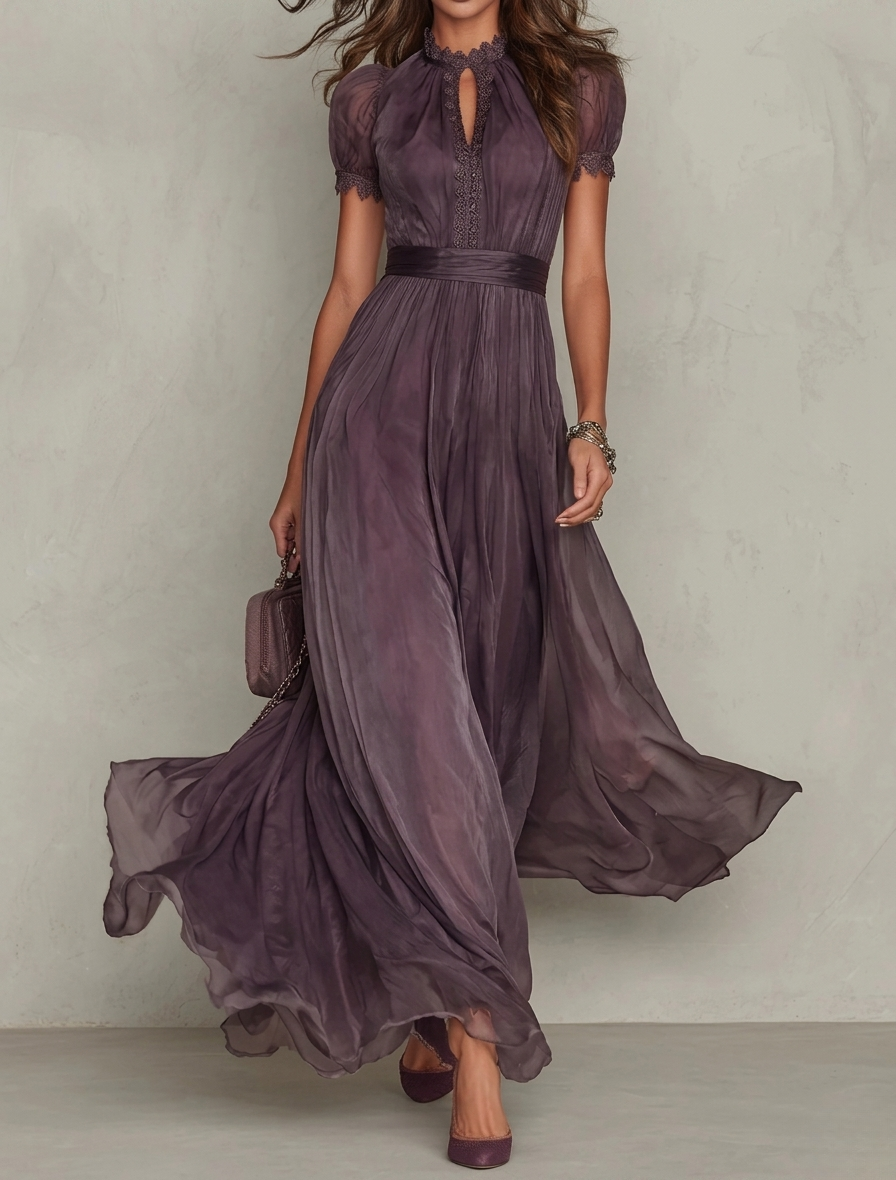 Luisa • Vestido largo morado con escote en V y ribete de encaje de gasa