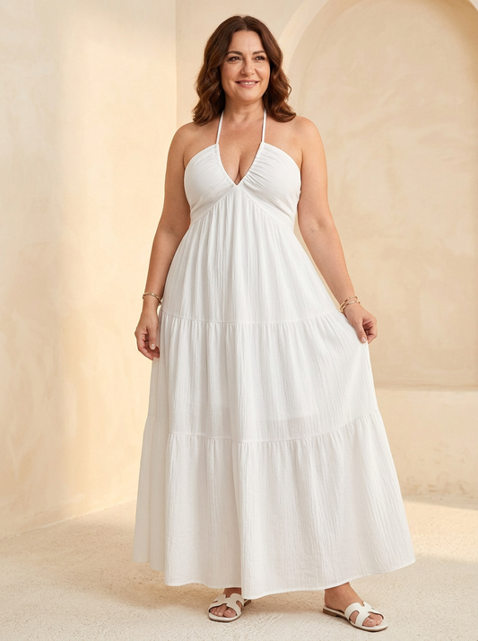 AURE Vestido Largo Halter Escote en V en mujer real curvy