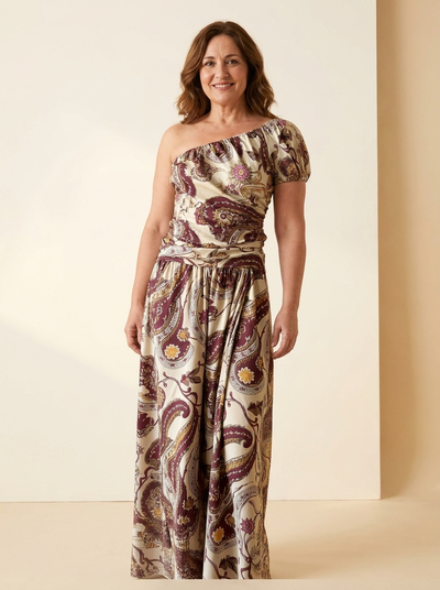 AURE | Vestido Maxi Boho de Hombro Asimétrico