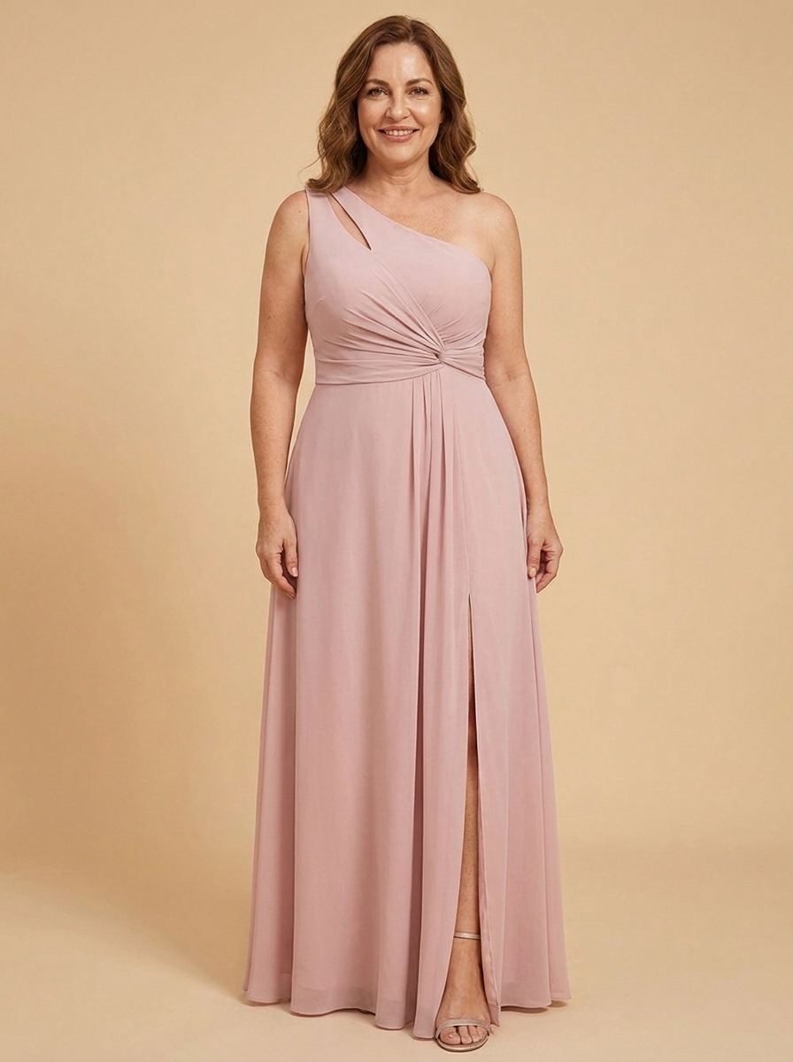 AURE Vestido Largo de Gasa de Un Hombro color Rosa Palo - frontal