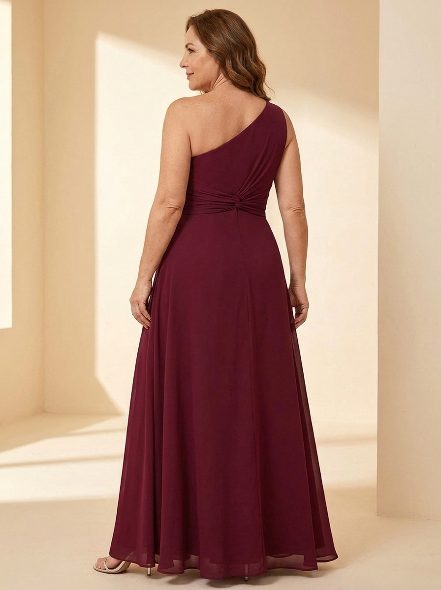 AURE Vestido Largo de Gasa de Un Hombro color Burdeos - espalda
