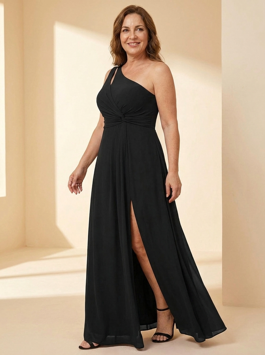AURE Vestido Largo de Gasa de Un Hombro color Negro - tres cuartos