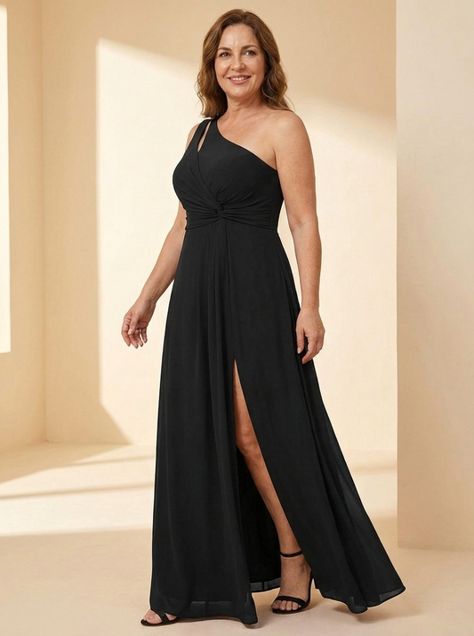AURE Vestido Largo de Gasa de Un Hombro color Negro - tres cuartos