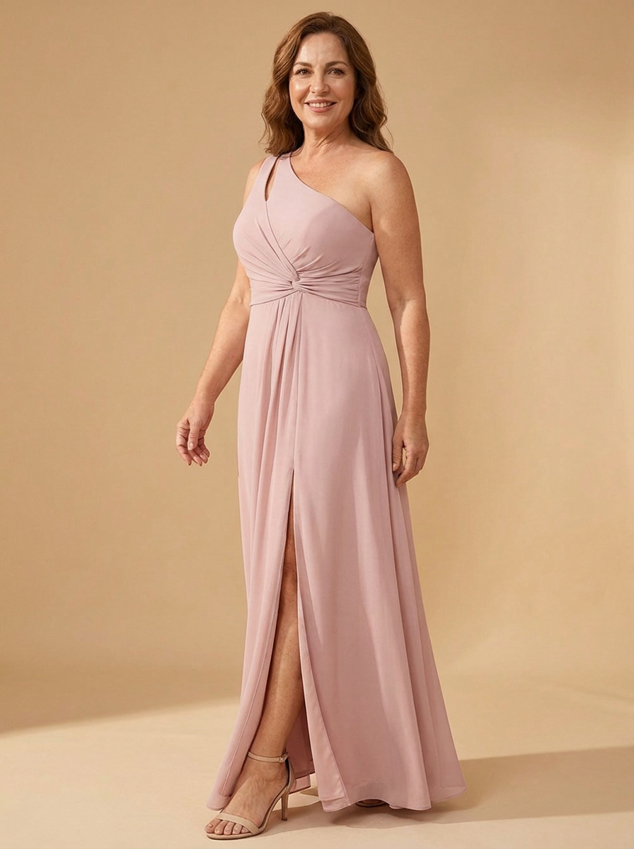 AURE Vestido Largo de Gasa de Un Hombro color Rosa Palo - tres cuartos