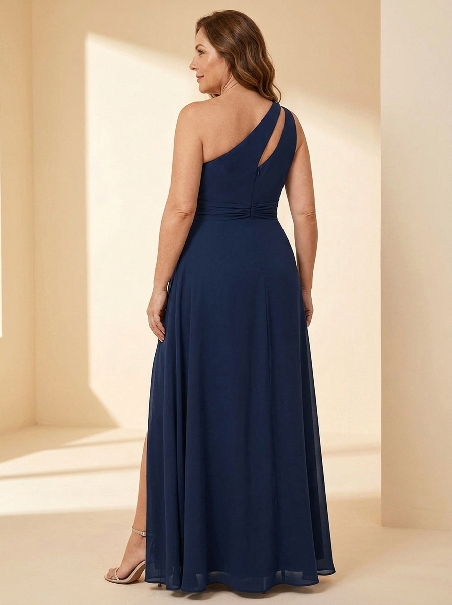 AURE Vestido Largo de Gasa de Un Hombro color Azul Marino - espalda