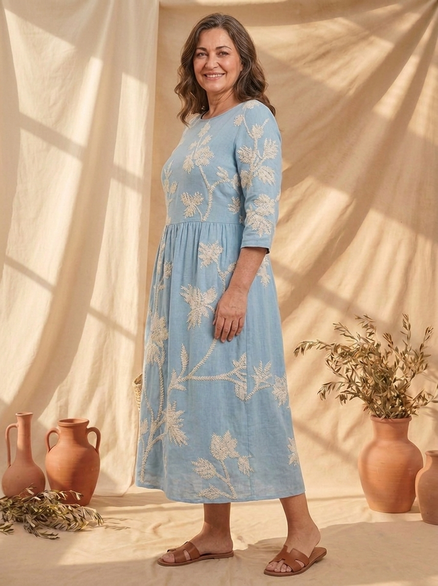 Vestido Vintage Bordado azul AURE - plano 3/4 lateral