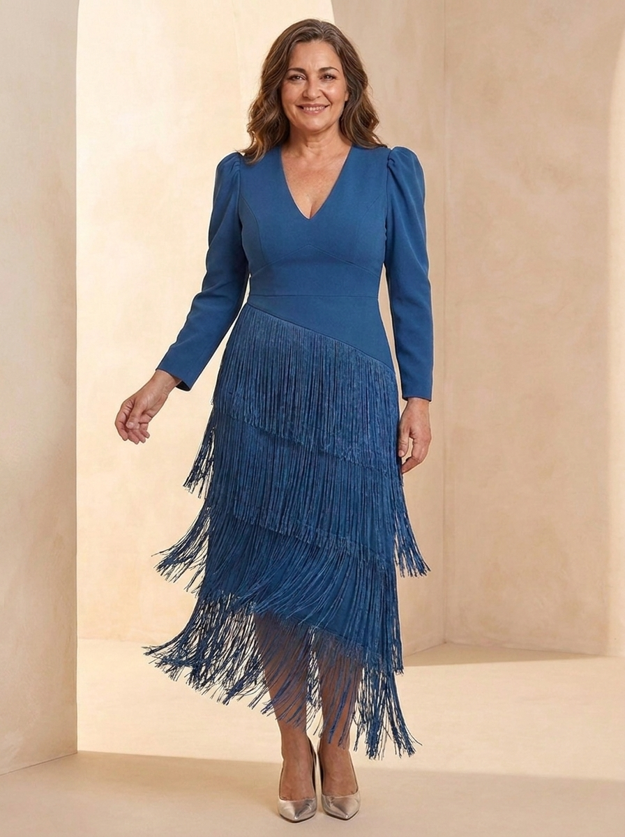 Vestido con mangas de flecos azul AURE - plano 3/4 lateral