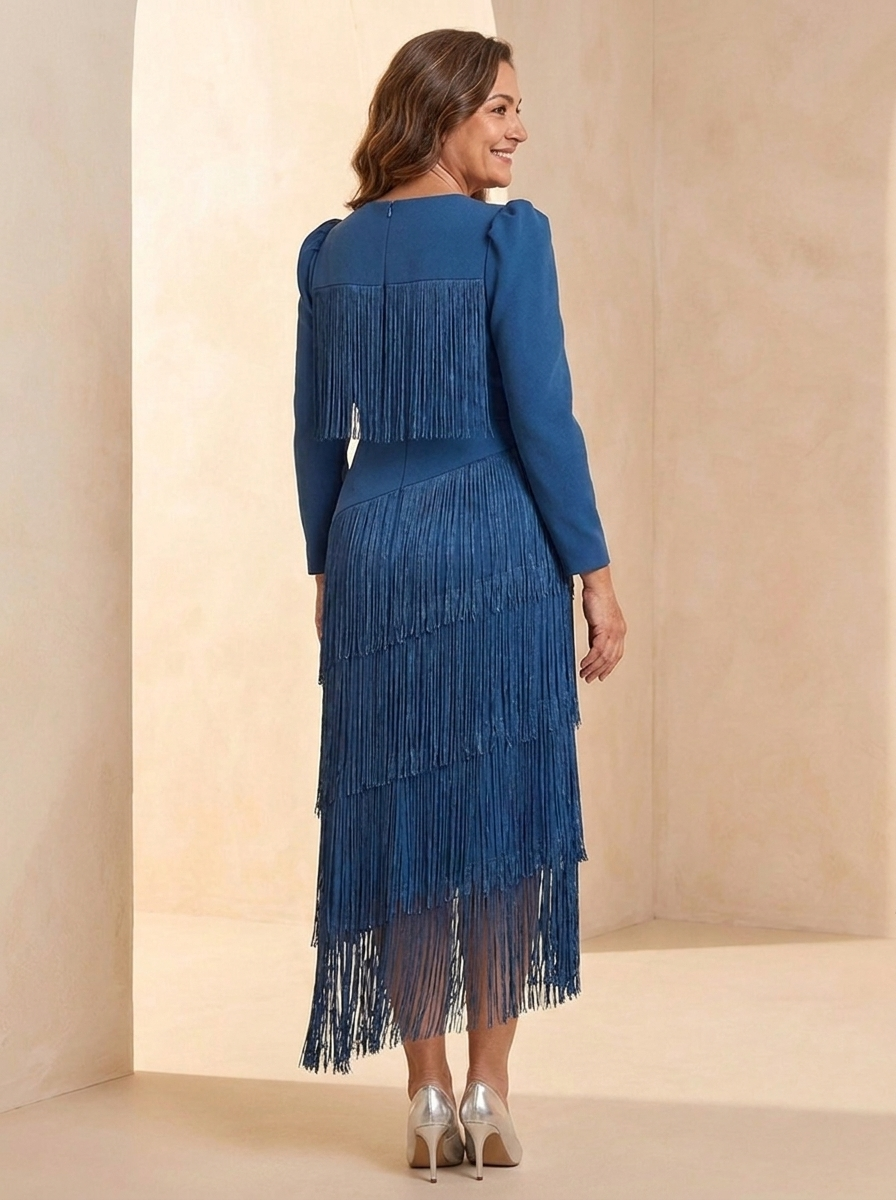 Vestido con mangas de flecos azul AURE - vista de espalda