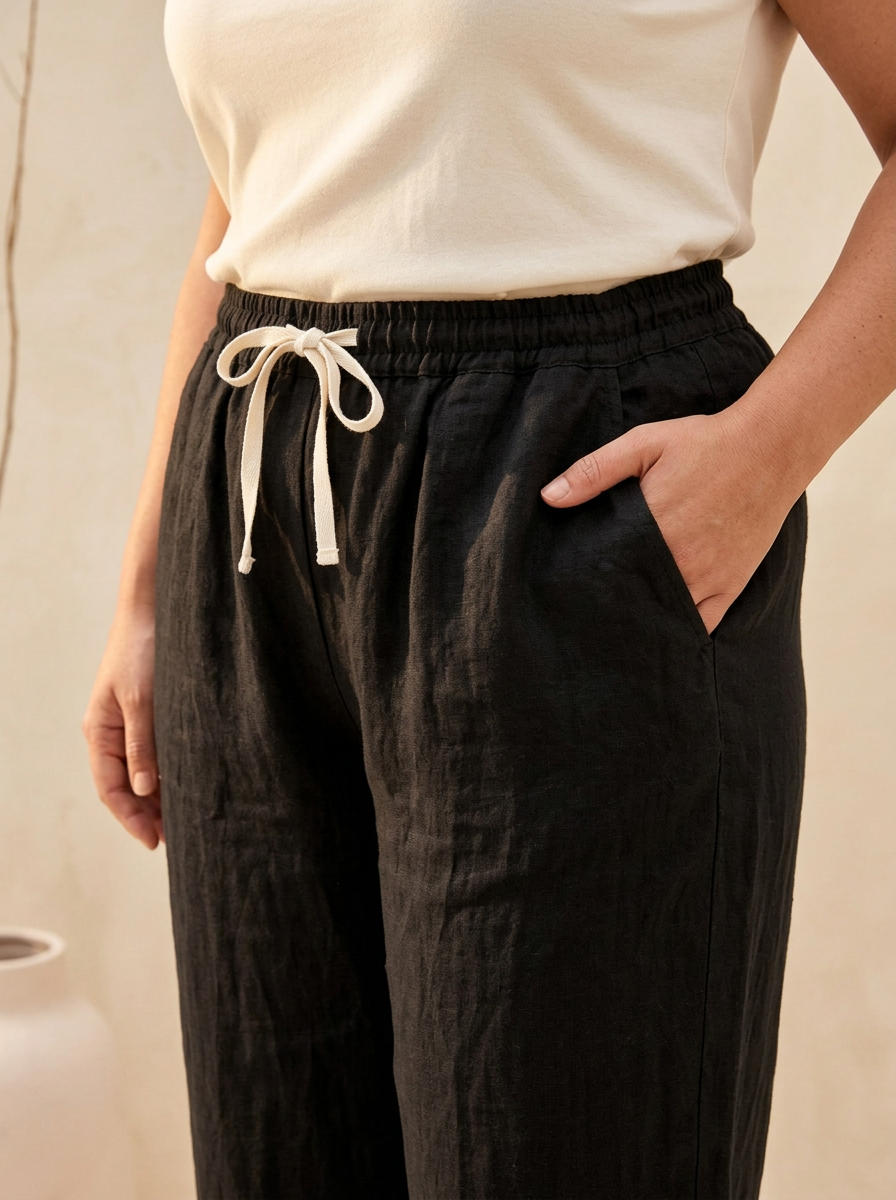 Pantalon lino LYON Negro detalle cintura cordon