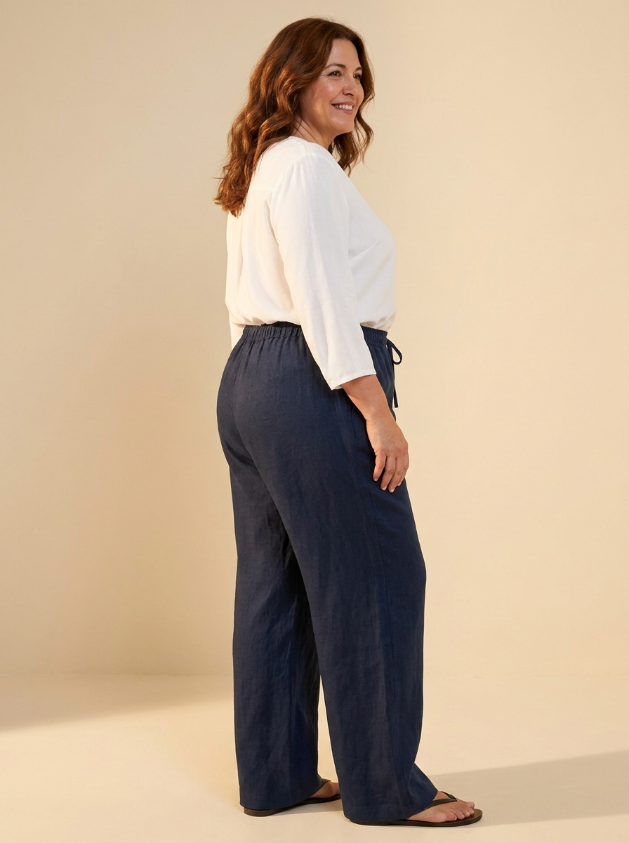 Pantalon lino LYON Azul marino tres cuartos