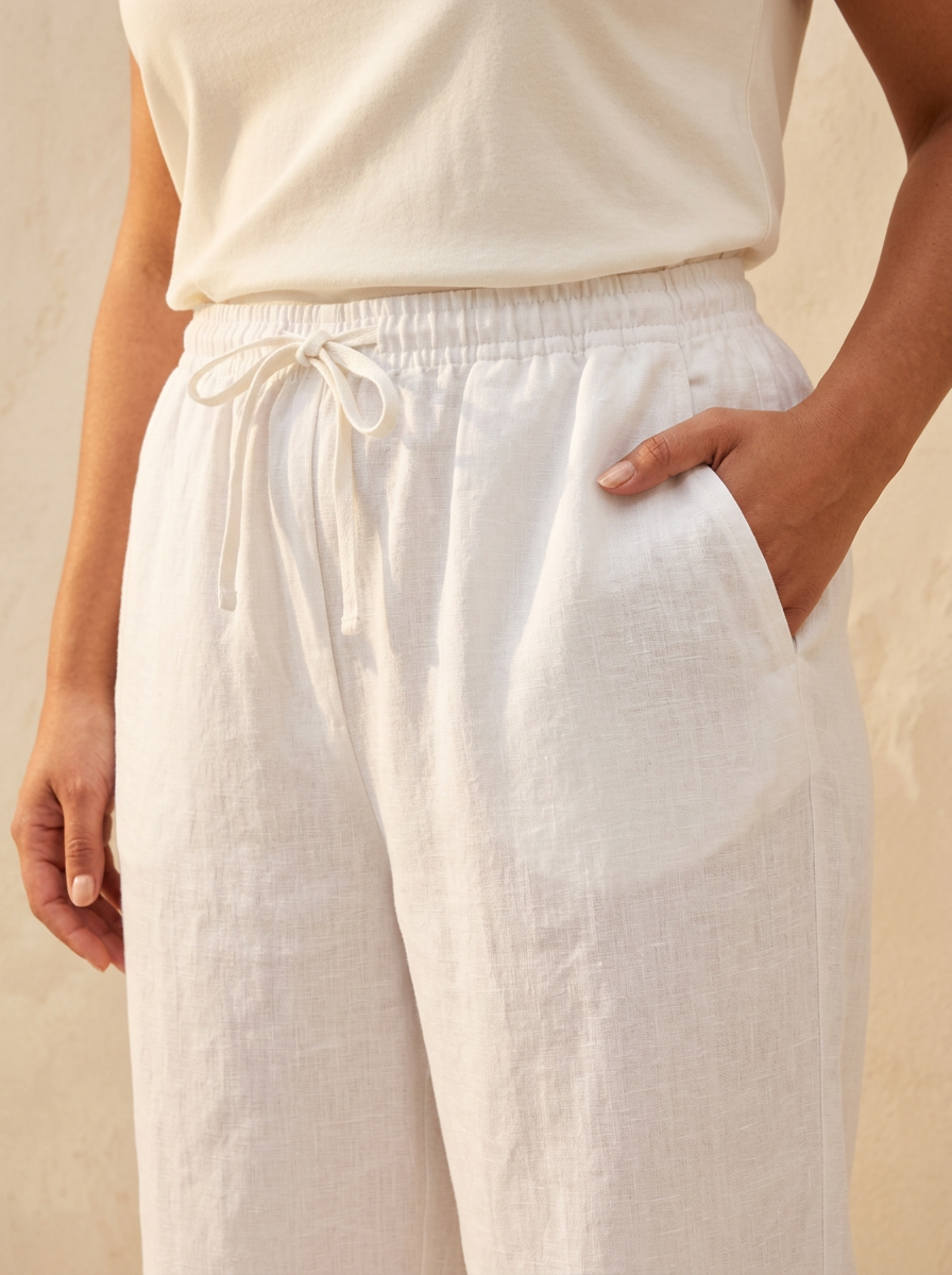 Pantalon lino LYON Blanco detalle cintura cordon