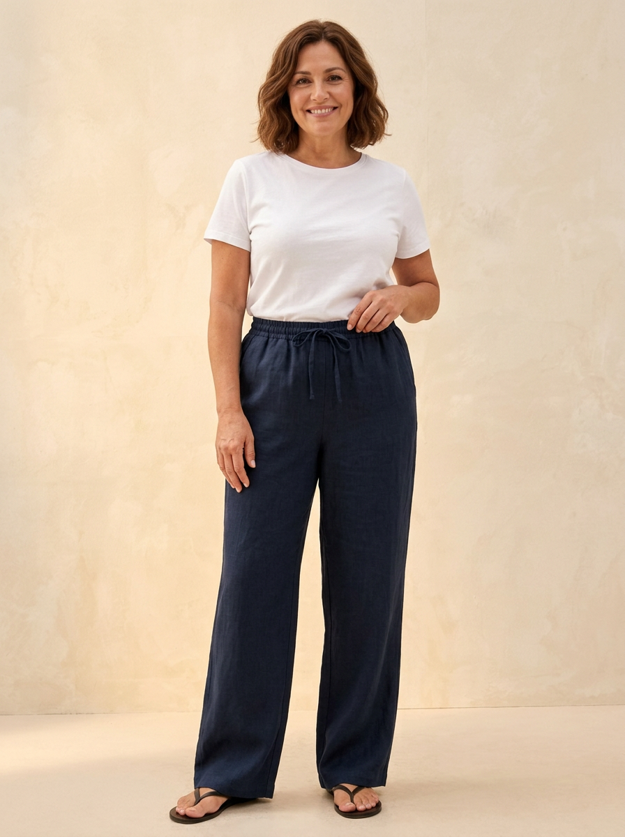 Pantalon lino LYON Azul noche frente