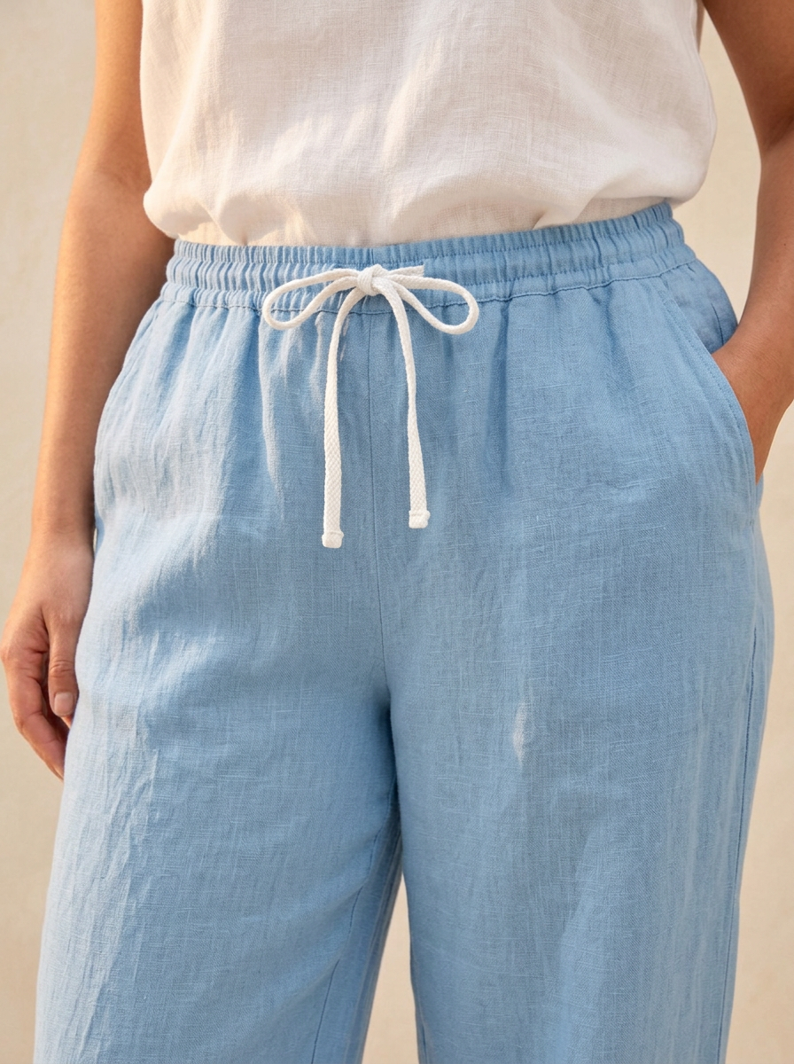 Pantalon lino LYON Celeste detalle cintura cordon