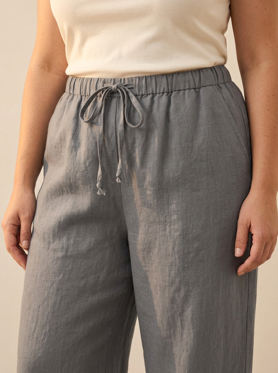 Pantalon lino LYON Gris detalle cintura cordon