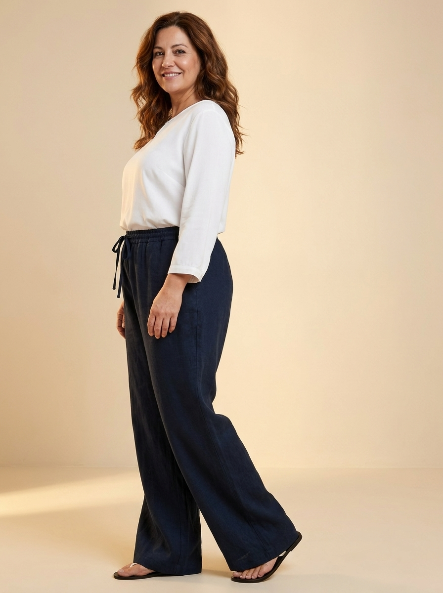 Pantalon lino LYON Azul noche tres cuartos