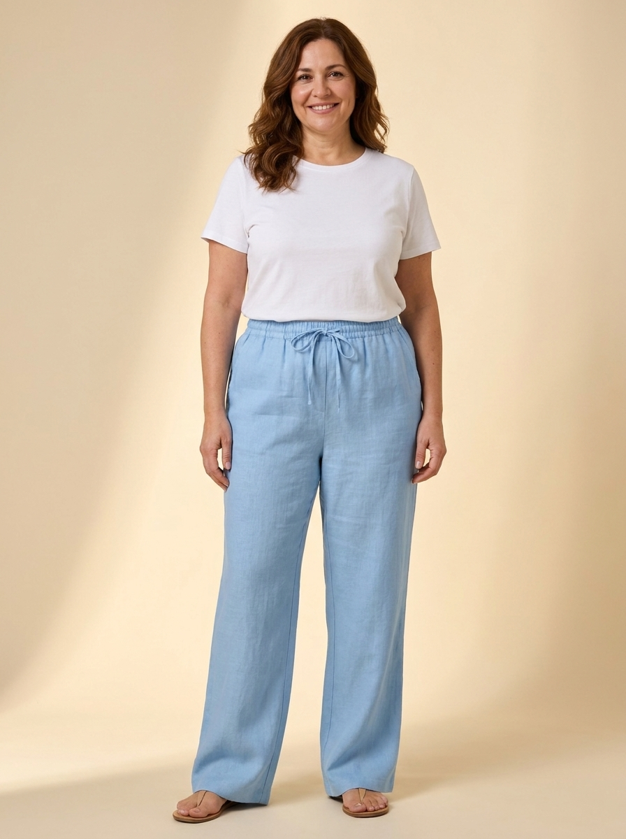 Pantalon lino LYON Celeste frente