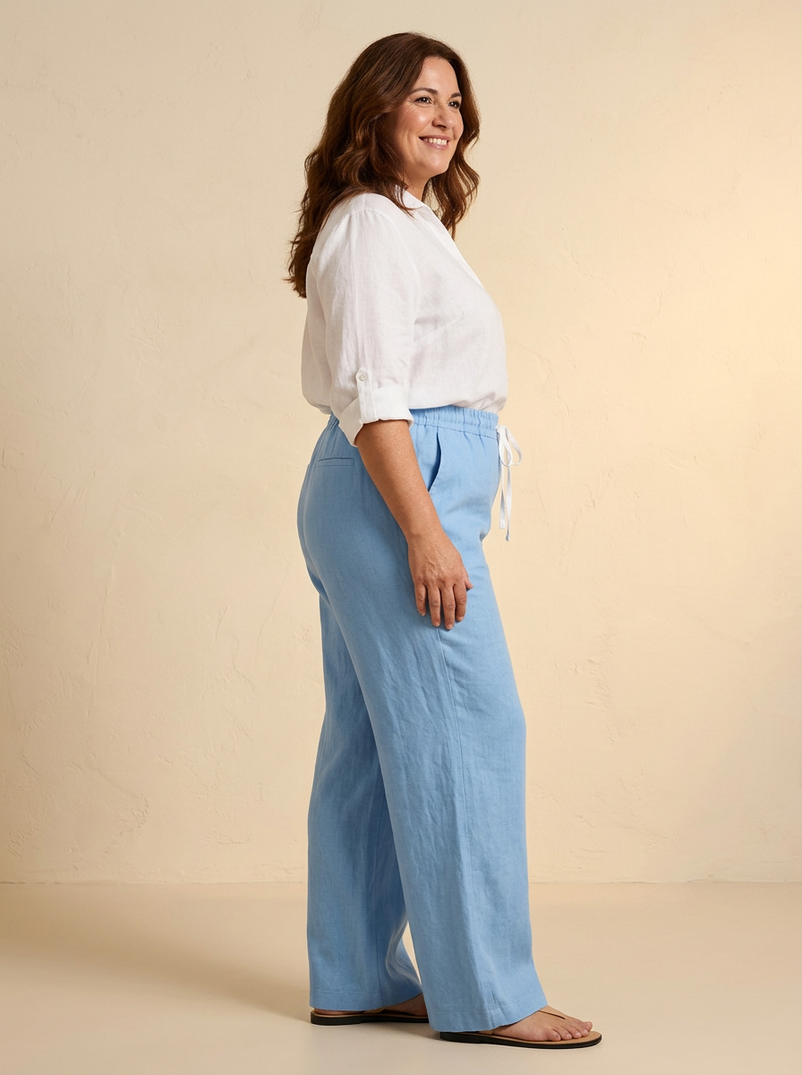 Pantalon lino LYON Celeste tres cuartos